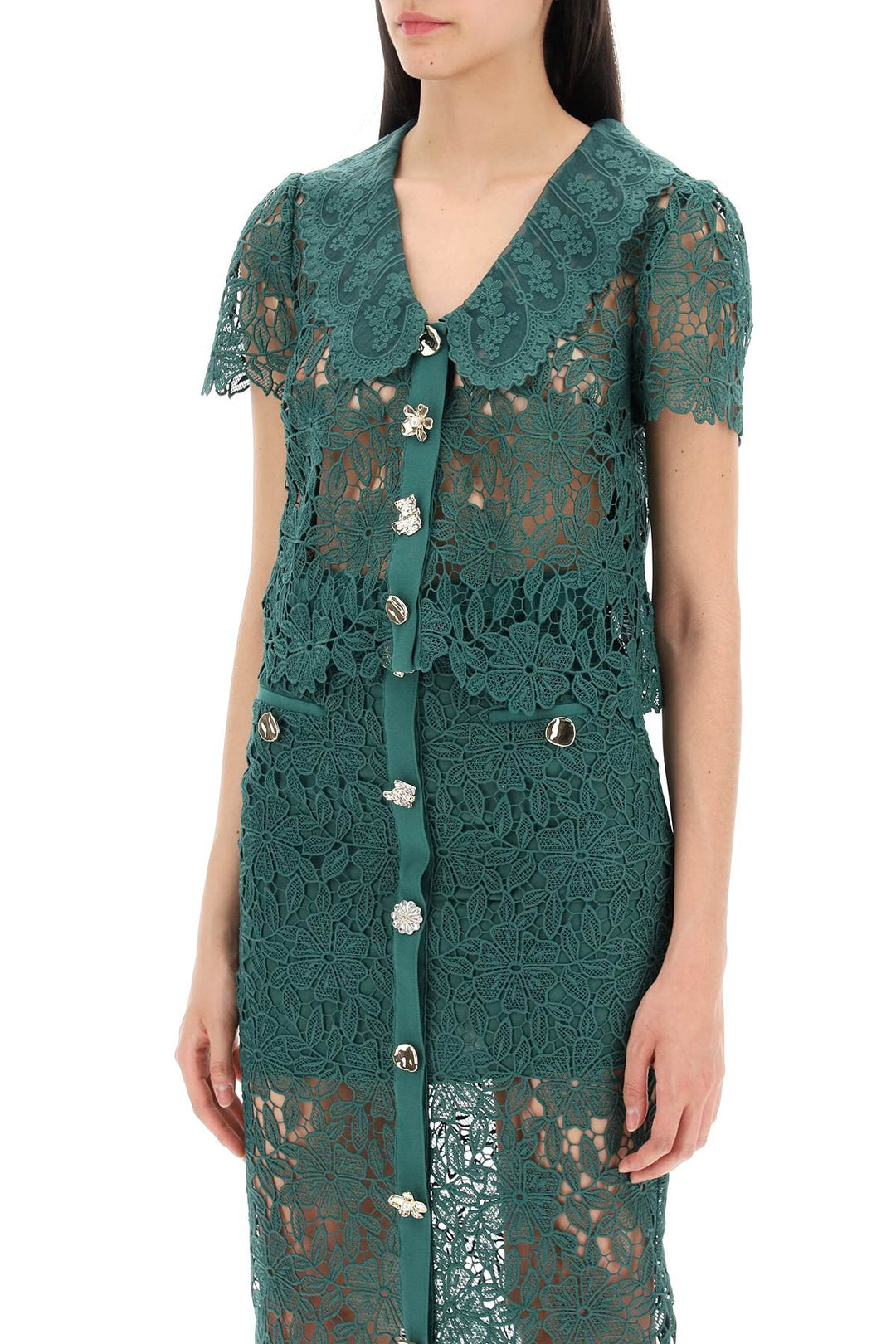 Self Portrait Chelsea Lace Guipure Top With Collar   Green