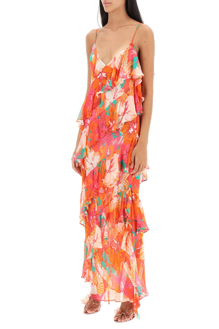 Msgm Maxi Frilled Dress With Tropical Motif   Multicolor