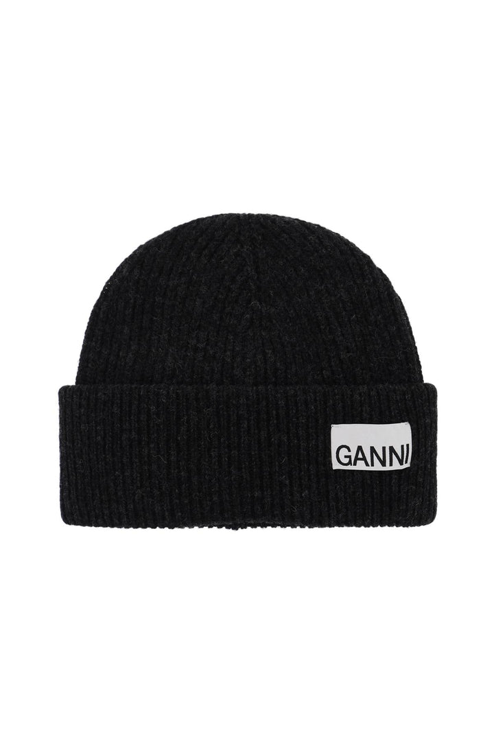 Ganni Beanie Hat With Logo Label   Grey