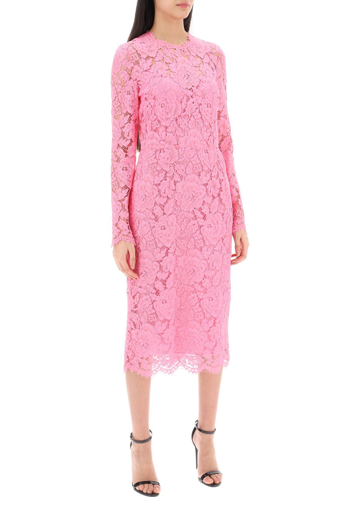 Dolce & Gabbana Midi Dress In Floral Cordonnet Lace   Pink