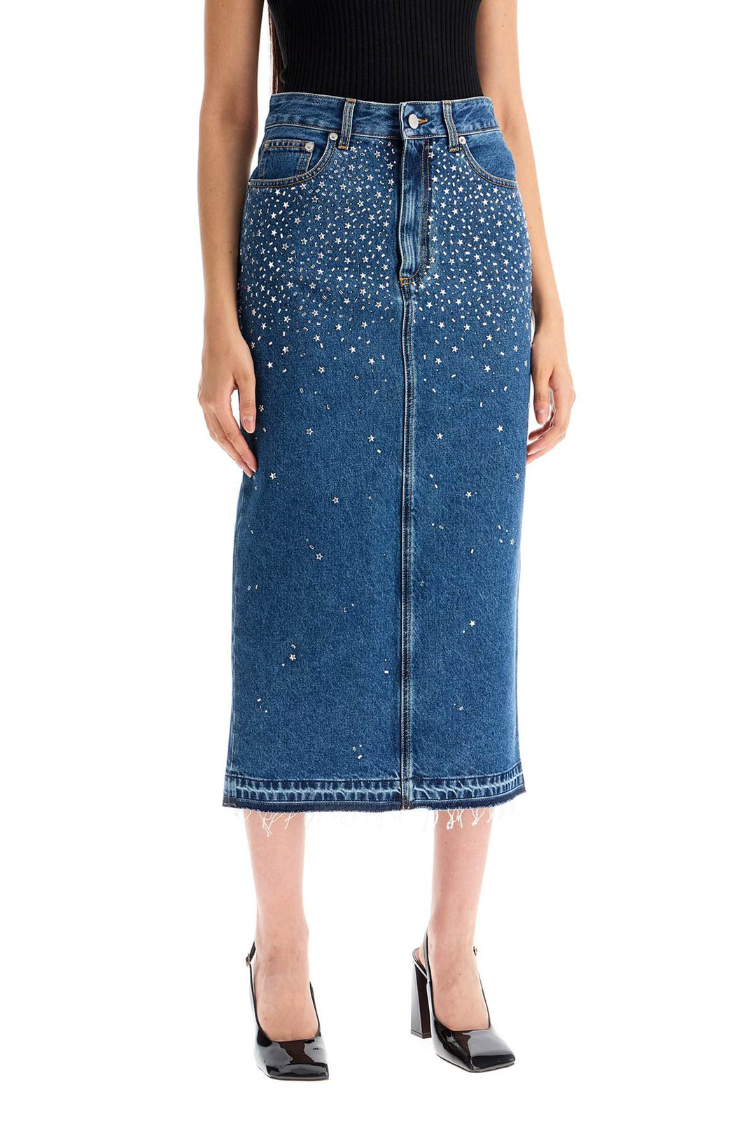 Alessandra Rich denim Midi Skirt With Rhinestones  Blue