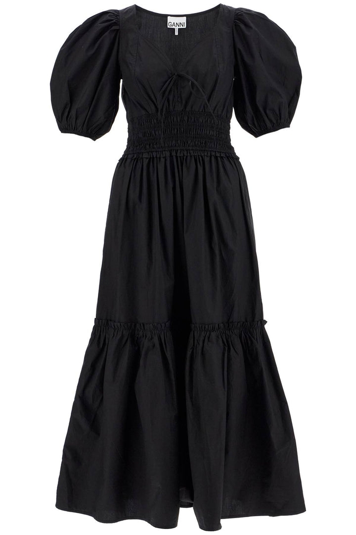 Ganni Midi Dress With Smock Stitching   Black