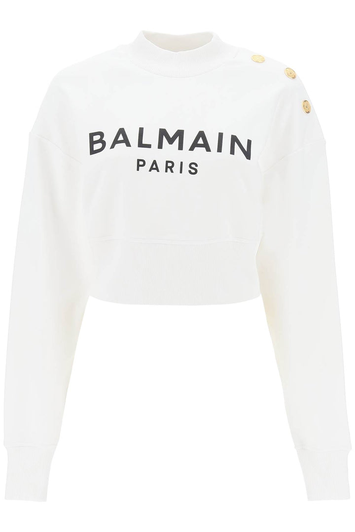 Balmain Cropped Sweatshirt With Logo Print And Buttons   Bianco
