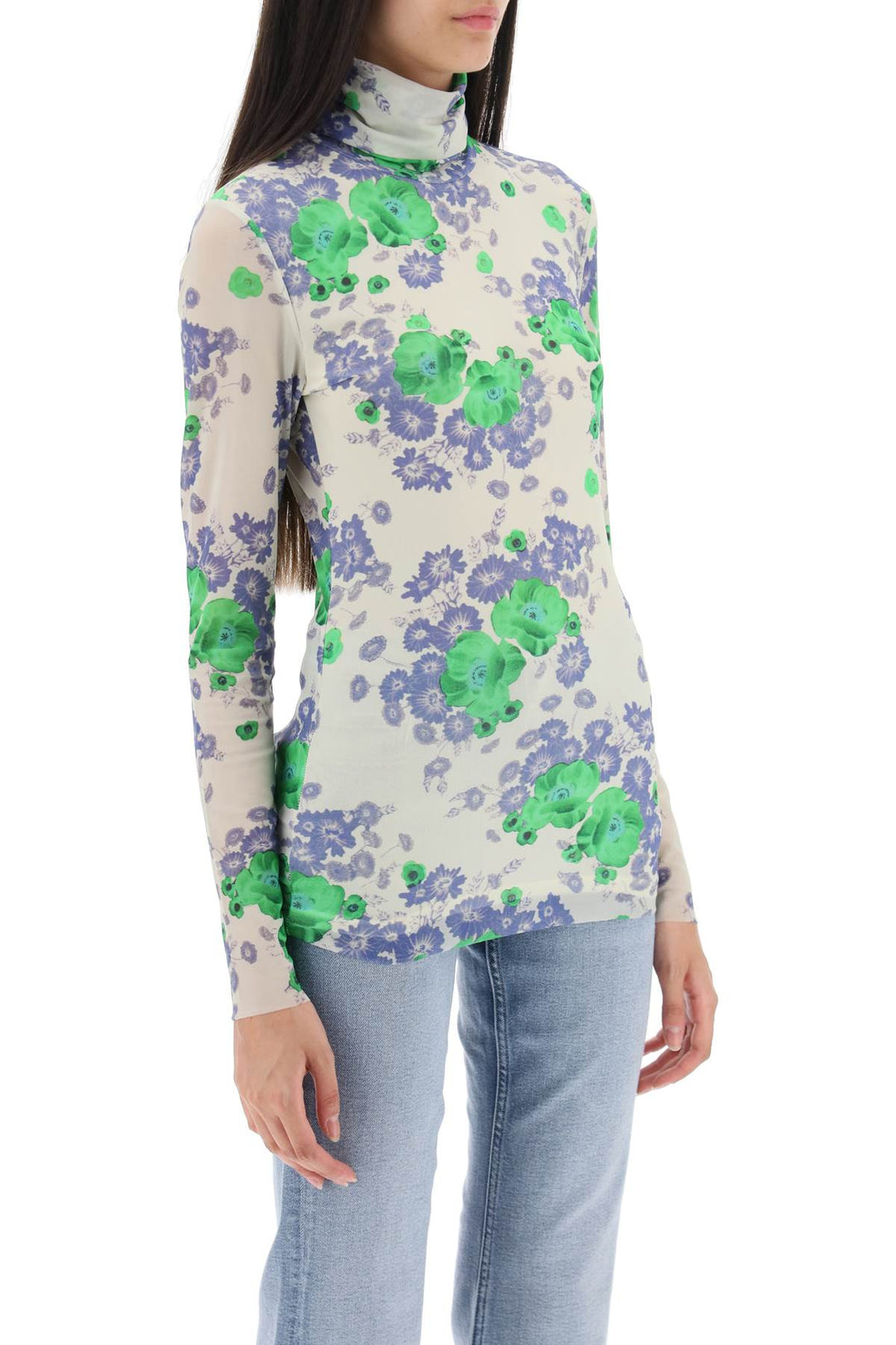 Ganni Long Sleeved Top In Mesh With Floral Pattern   White