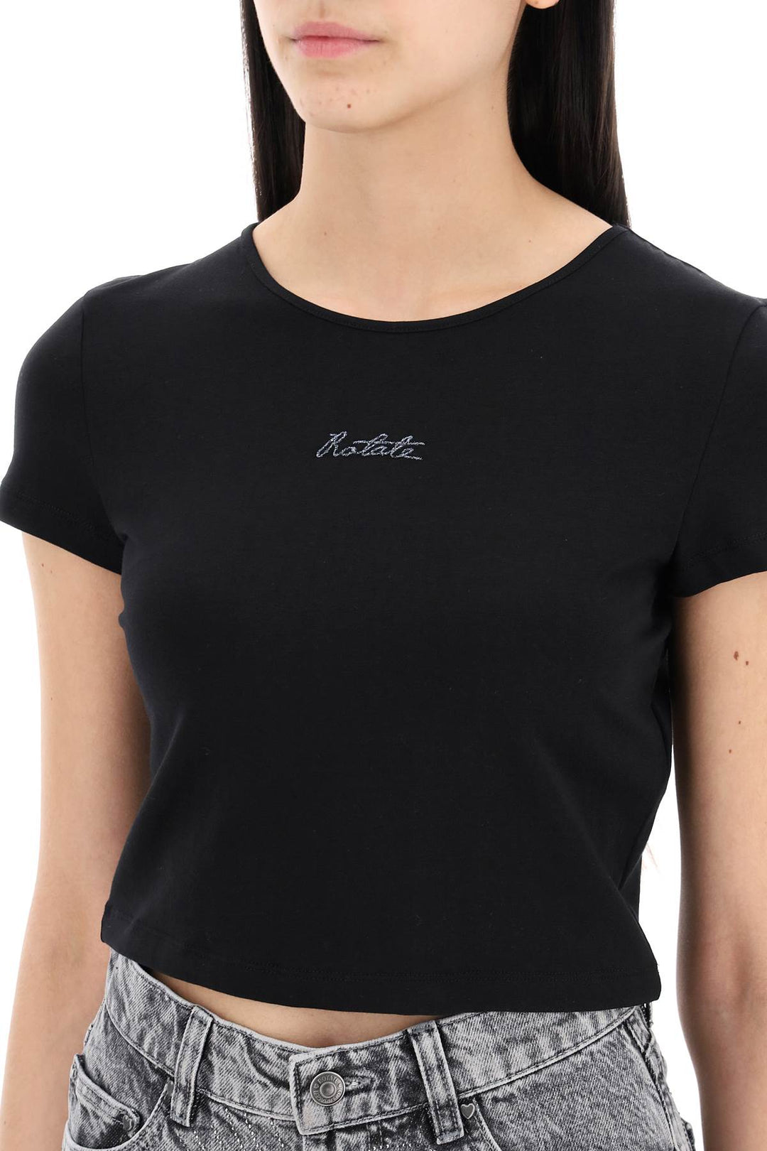Rotate Cropped T Shirt With Embroidered Lurex Logo   Nero