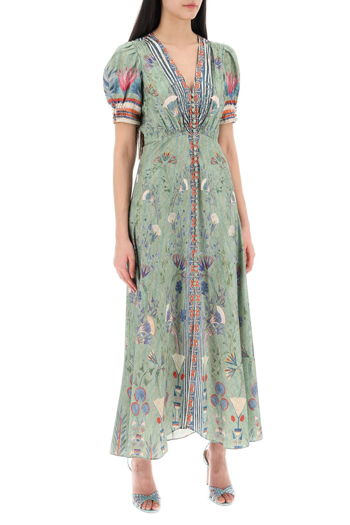 Saloni 'Lea' Long Dress In Printed Silk   Verde