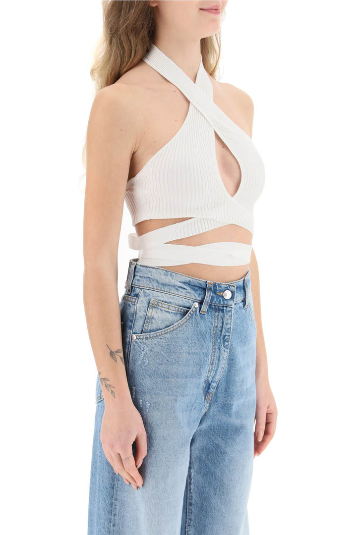 Msgm Ribbed Knit Top With Crossover Neckline   Bianco