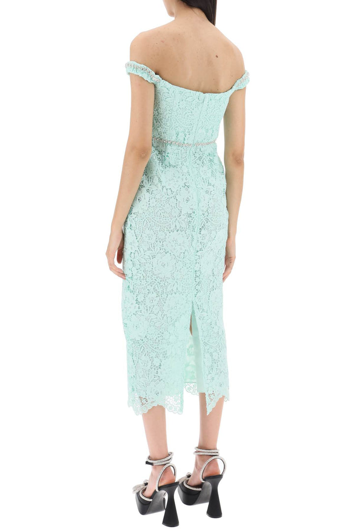 Self Portrait Midi Dress In Floral Lace With Crystals   Verde