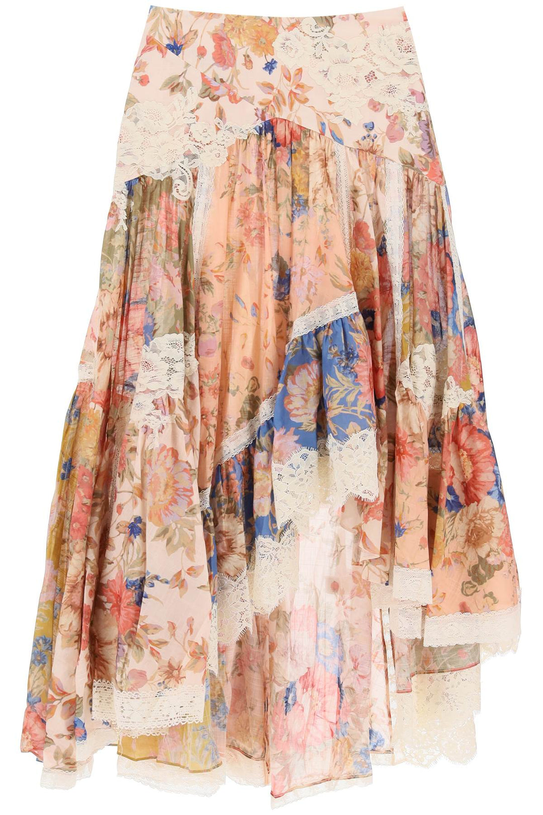 Zimmermann August Asymmetric Skirt With Lace Trims   Multicolor