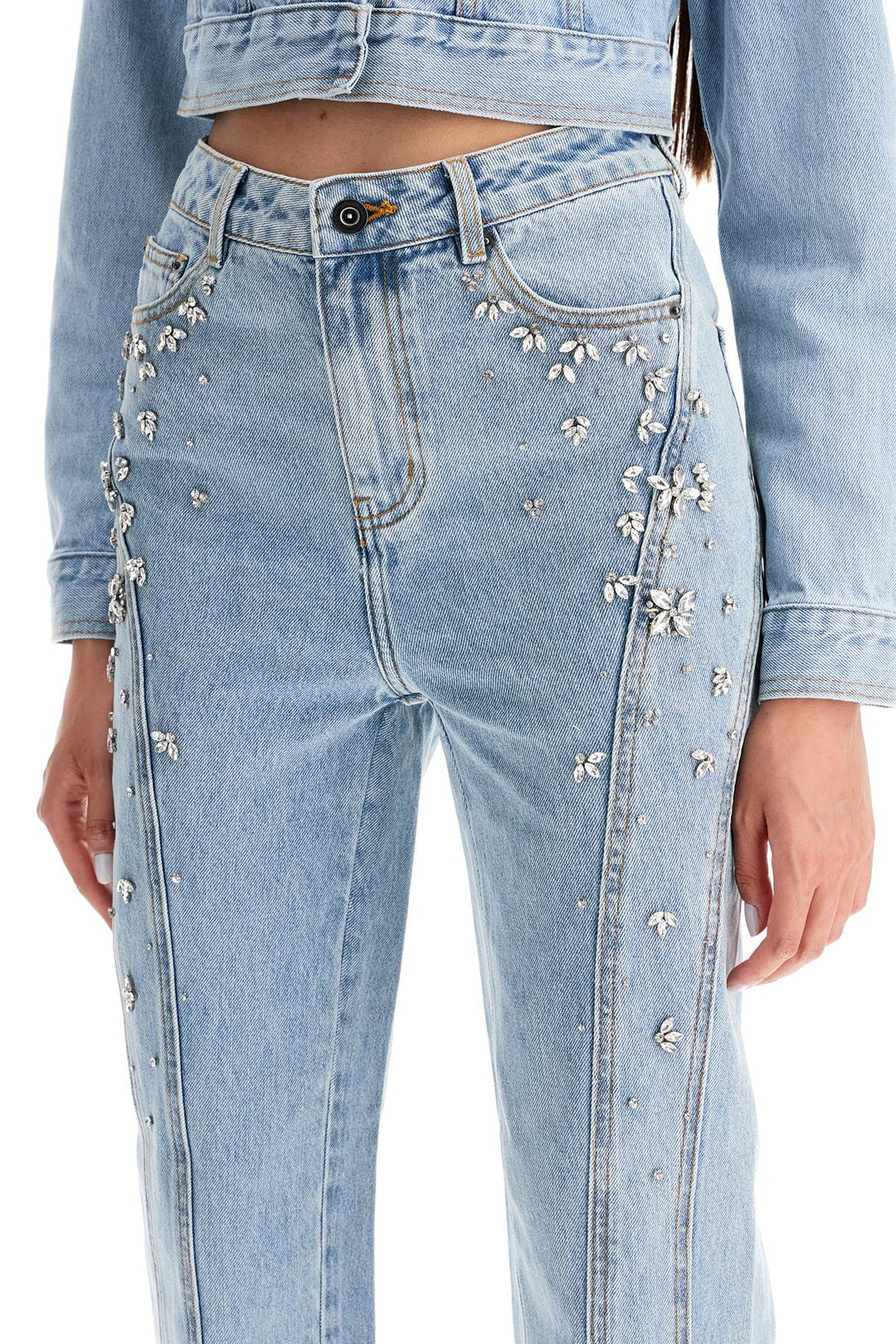 Self Portrait Straight Jeans With Crystals   Blue