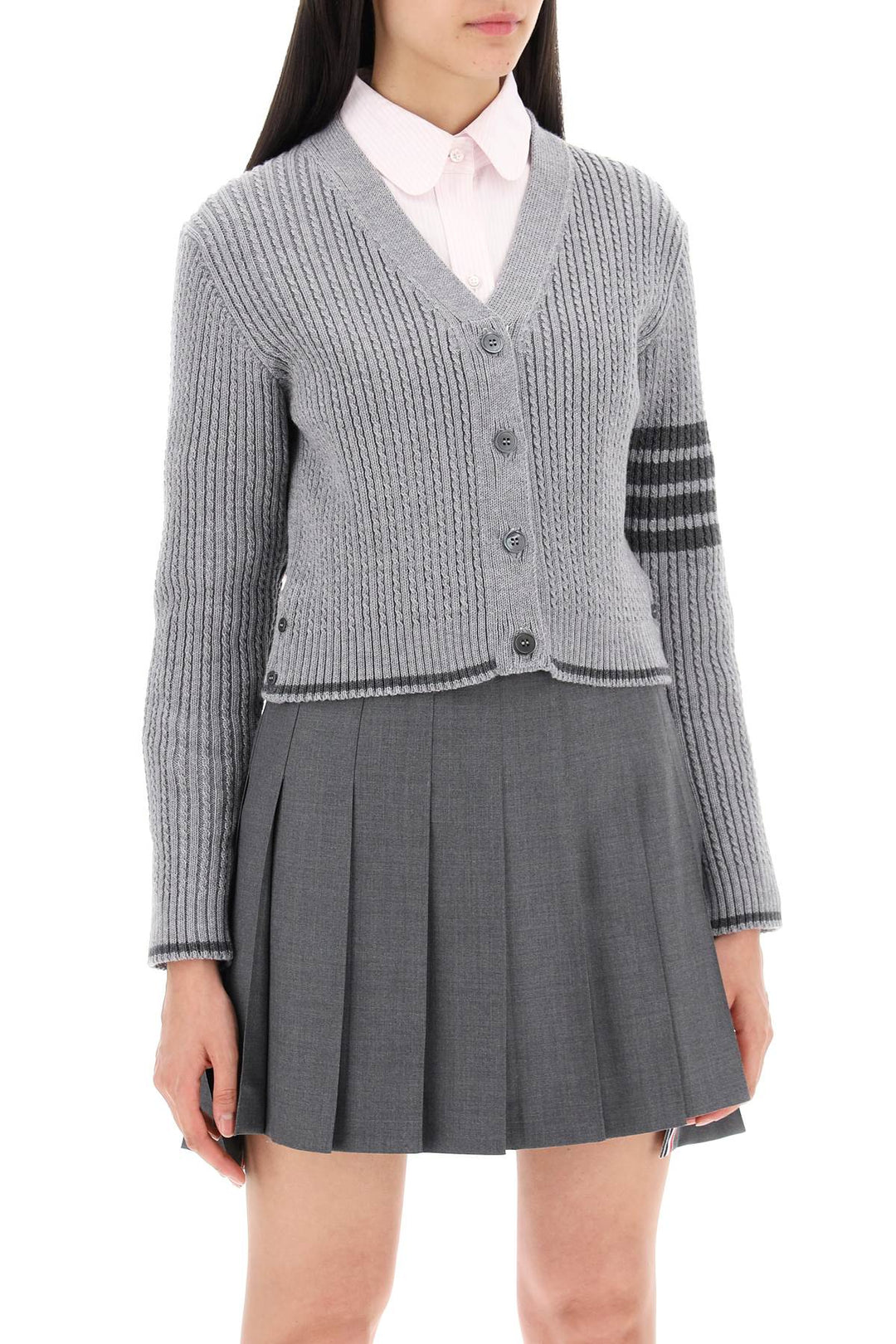 Thom Browne 4 Bar Baby Cable Cropped Cardigan   Grey