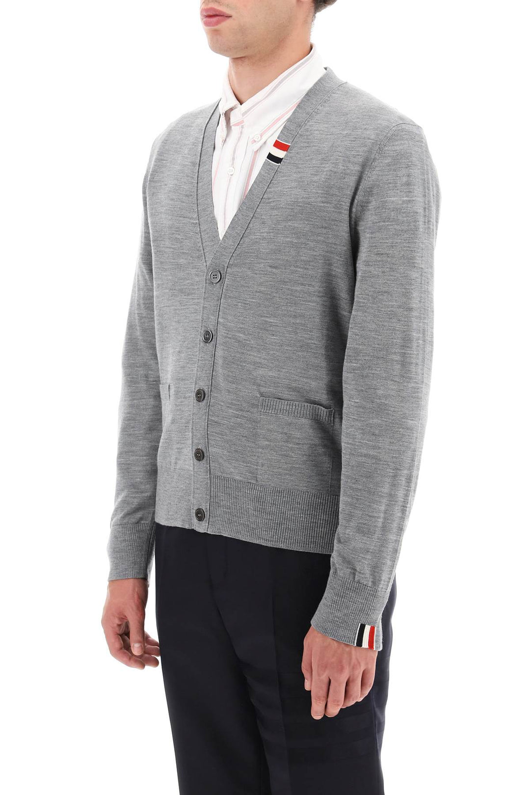 Thom Browne Merino Wool V Neck Cardigan   Grey