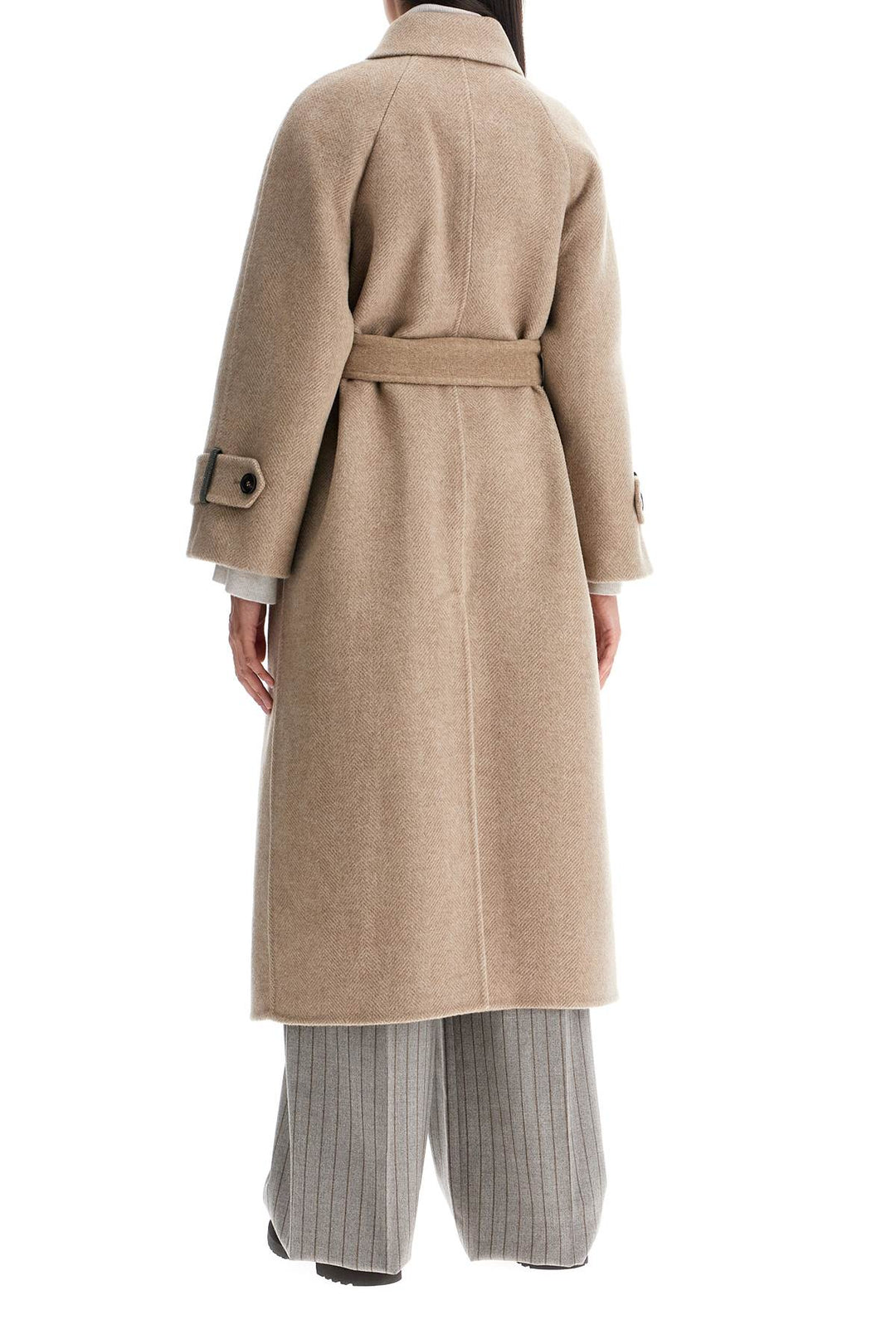 Brunello Cucinelli Wool And Cashmere Coat With Belt.   Beige