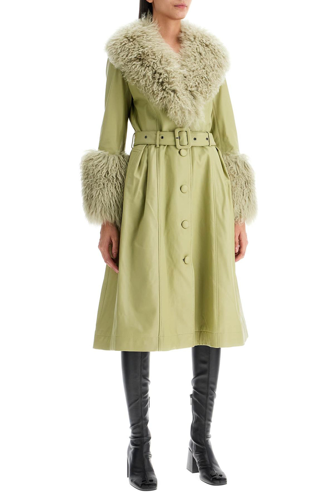 Saks Potts Foxy Leather And Shearling Long Coat   Green