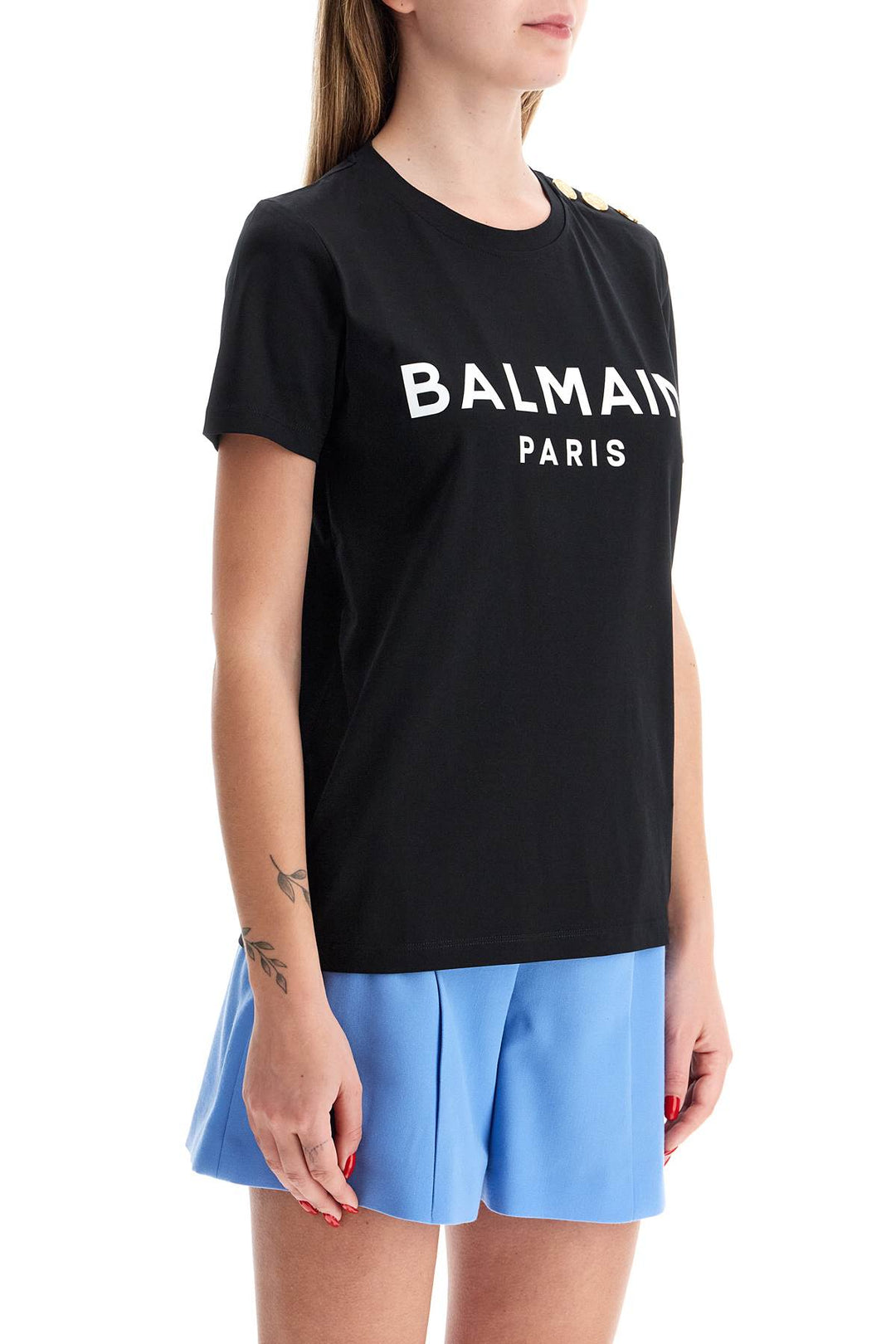 Balmain Logo T Shirt With Buttons   Black