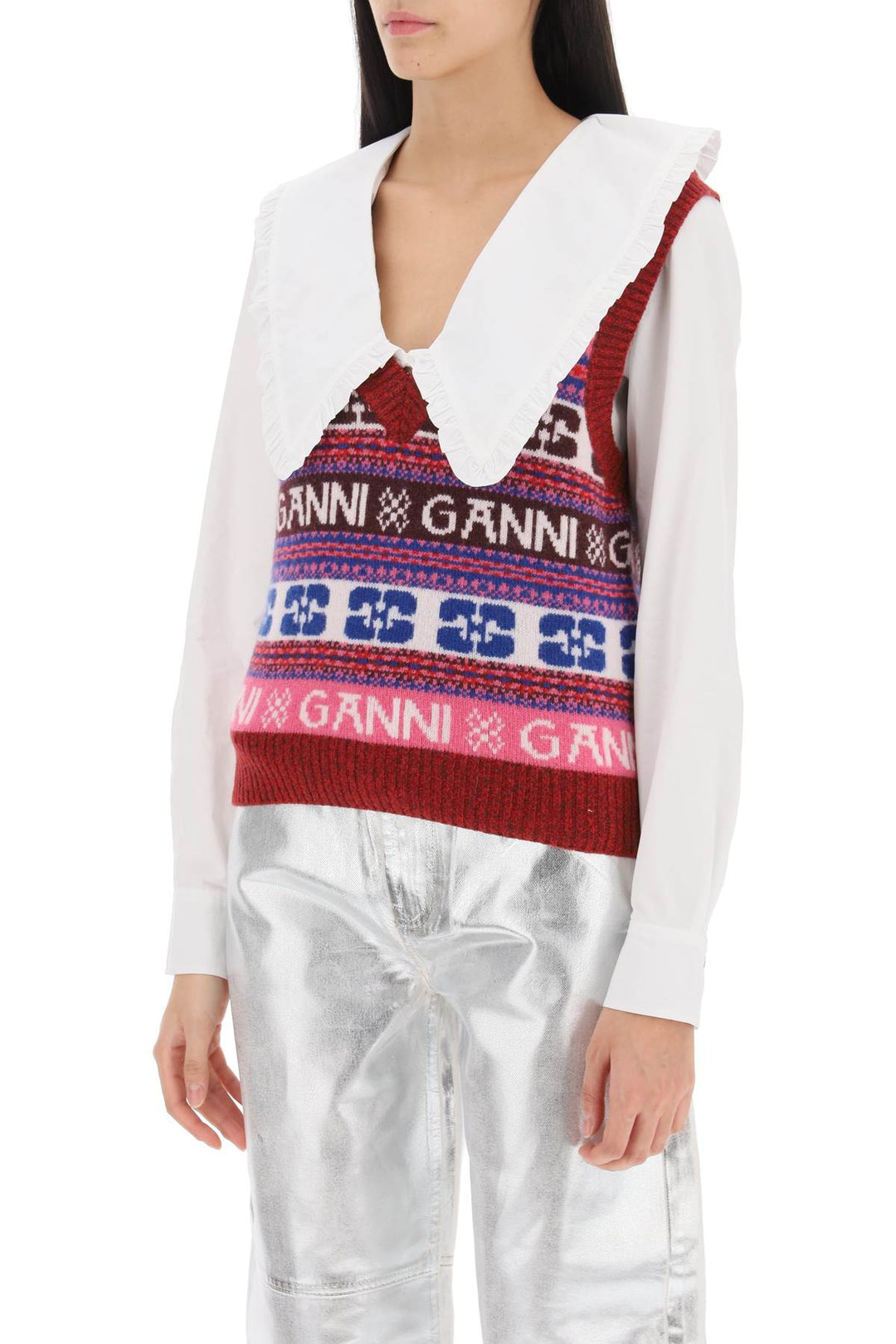 Ganni Jacquard Wool Vest With Logo Pattern   Multicolor