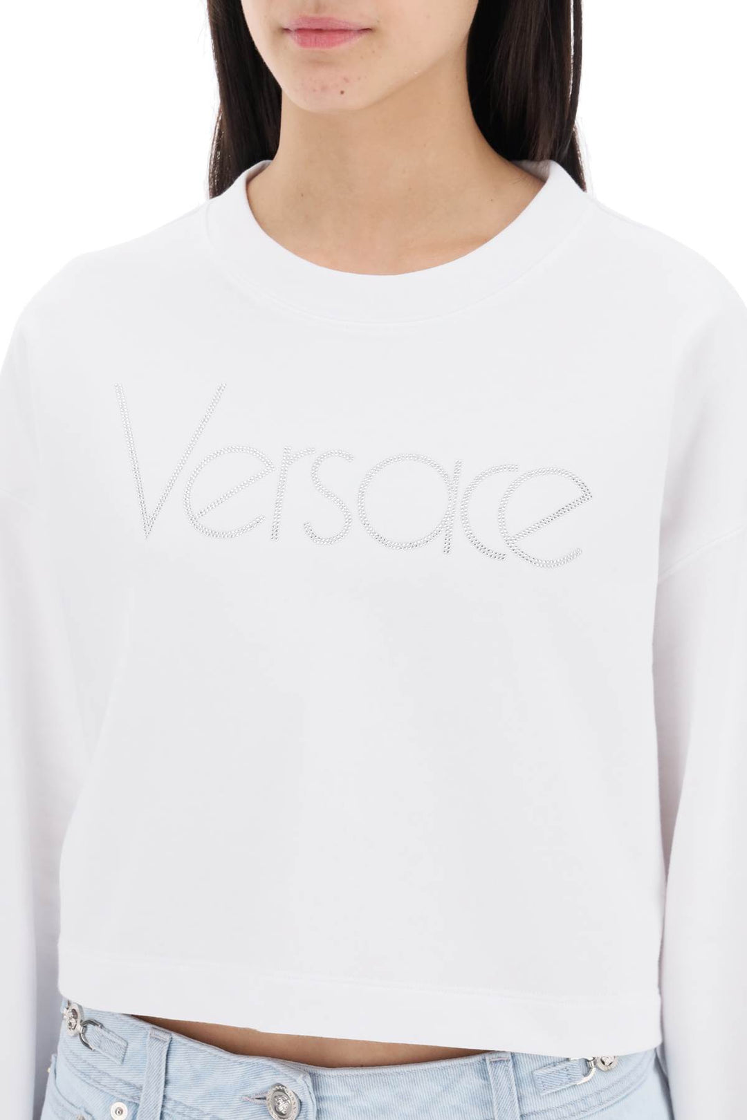 Versace Cropped Sweatshirt With Rhinestones   Bianco