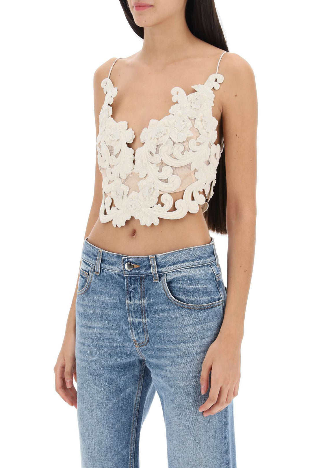 Zimmermann Sensory Crooped Top In Guipure Lace   Bianco