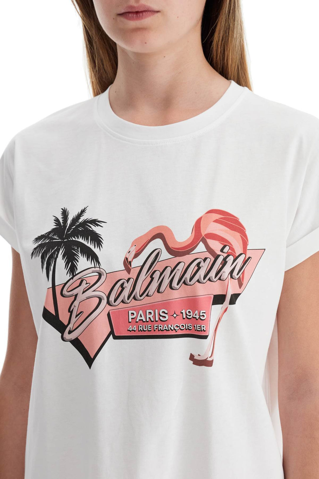 Balmain Flamingo Print T Shirt   White