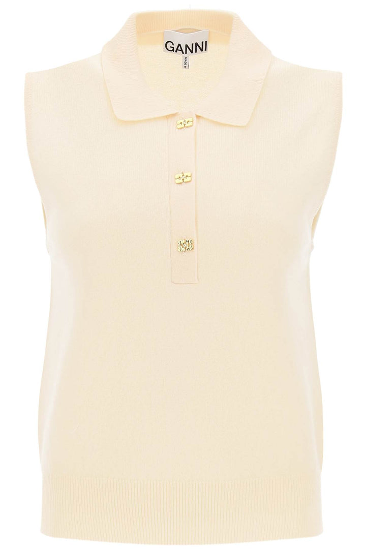 Ganni Sleeveless Polo Shirt In Wool And Cashmere   Beige