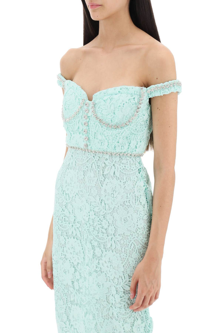 Self Portrait Midi Dress In Floral Lace With Crystals   Verde