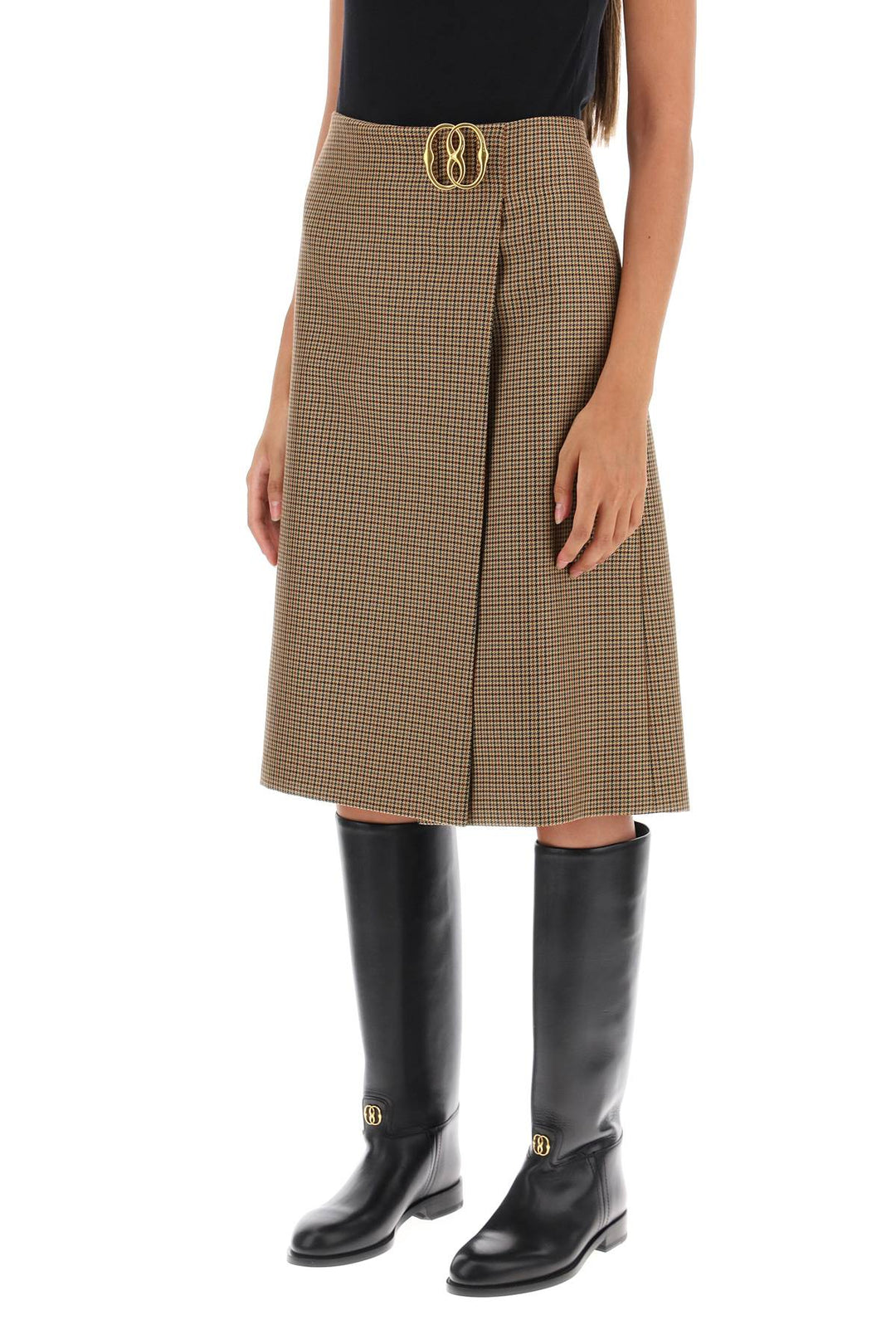 Bally Houndstooth A Line Skirt With Emblem Buckle   Beige