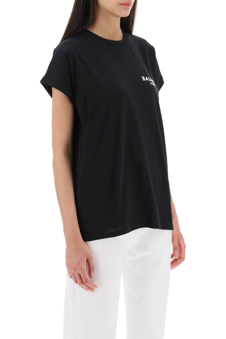 Balmain T Shirt With Flocked Logo Print   Black