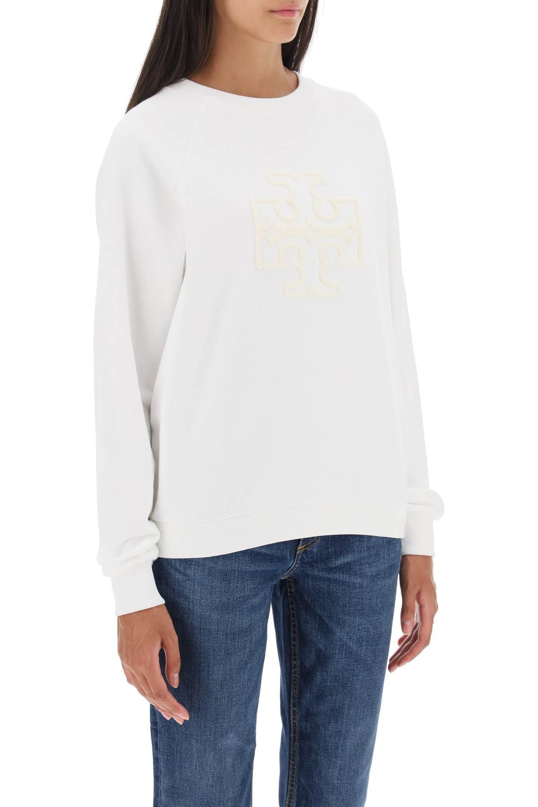 Tory Burch Crew Neck Sweatshirt With T Logo   Bianco