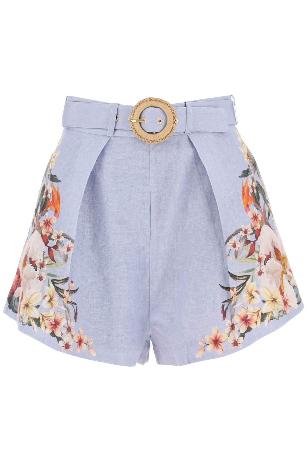Zimmermann Lexi Tuck Linen Shorts With Floral Motif   Celeste