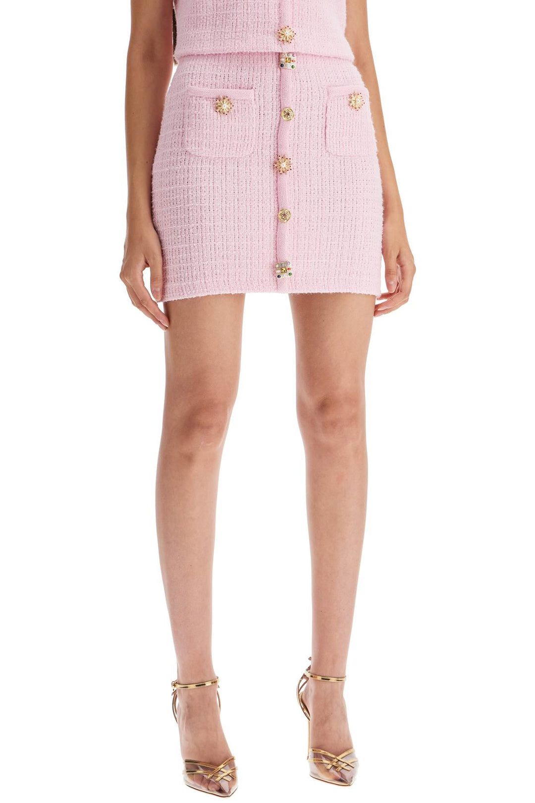 Self Portrait Knitted Mini Skirt With Jewel Buttons   Pink