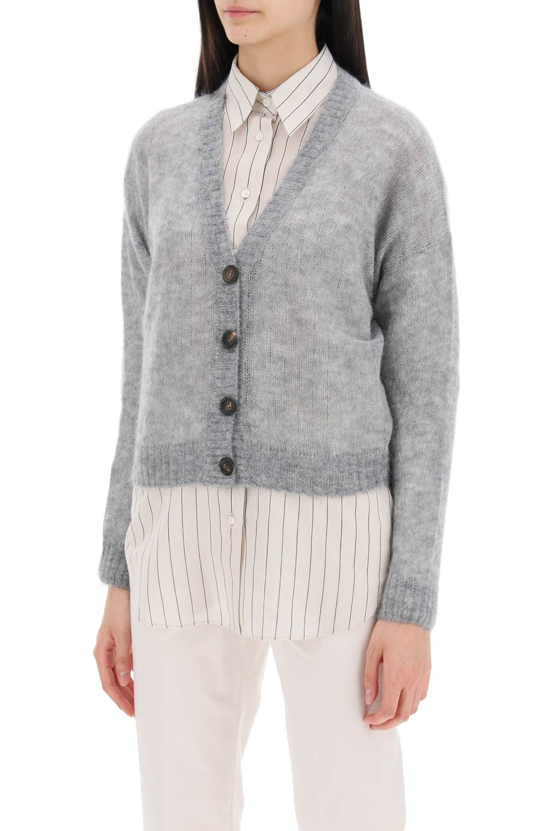 Brunello Cucinelli Short Wool And Mohair Cardigan   Grey
