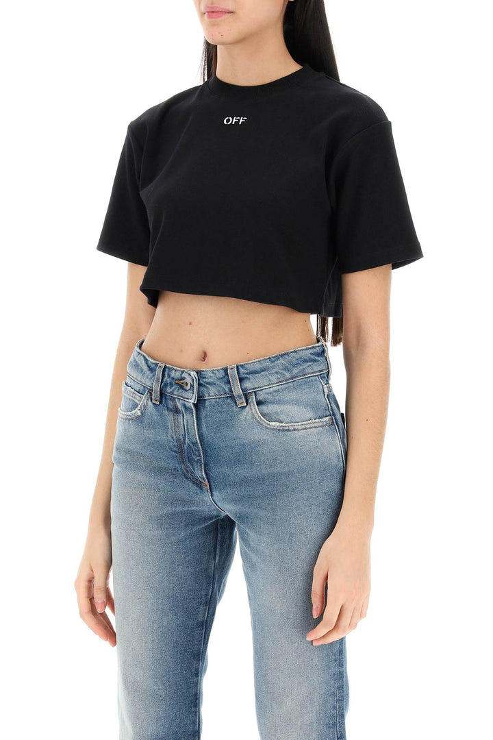 Off White Cropped T Shirt With Off Embroidery   Black