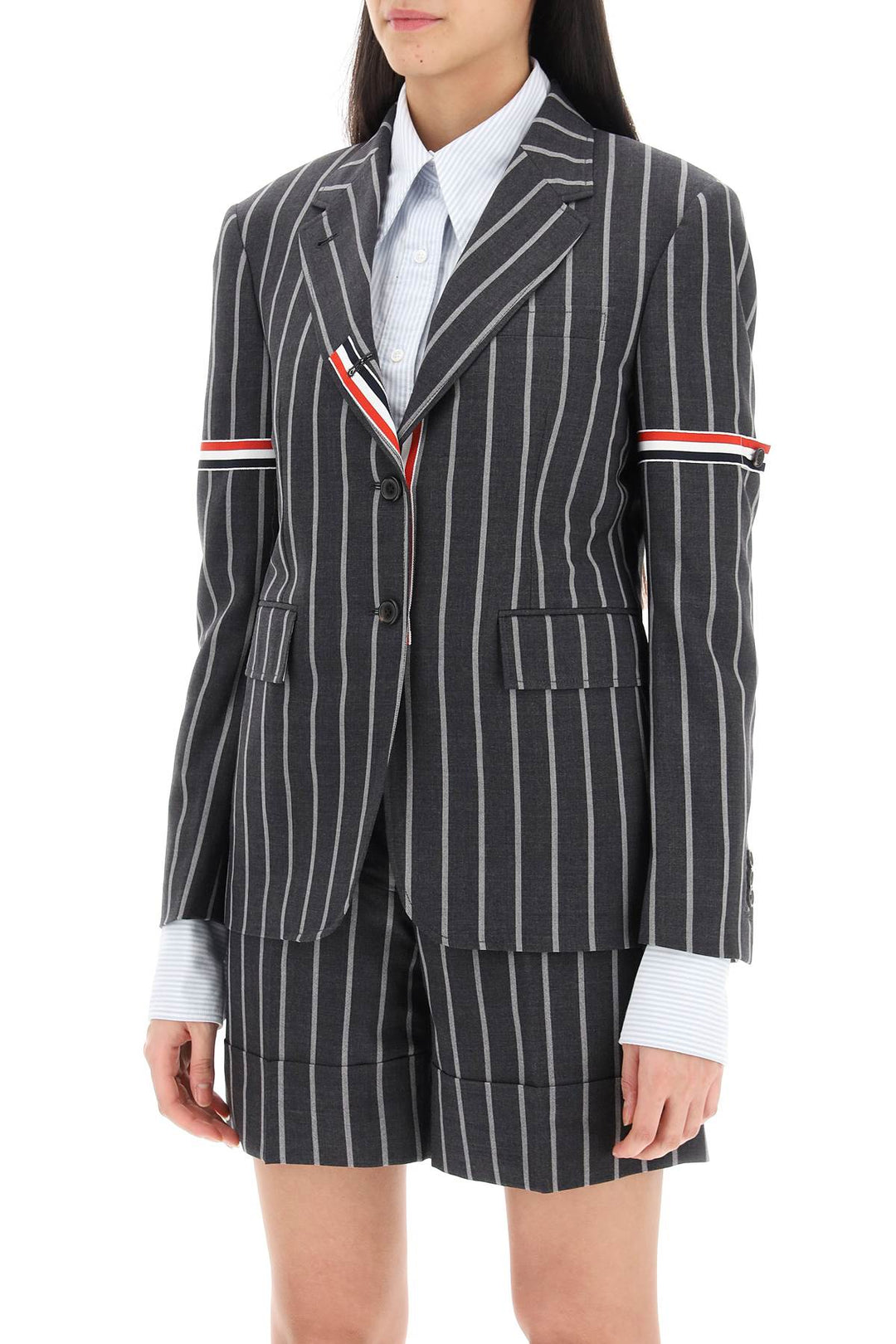 Thom Browne Striped Single Breasted Jacket   Grigio
