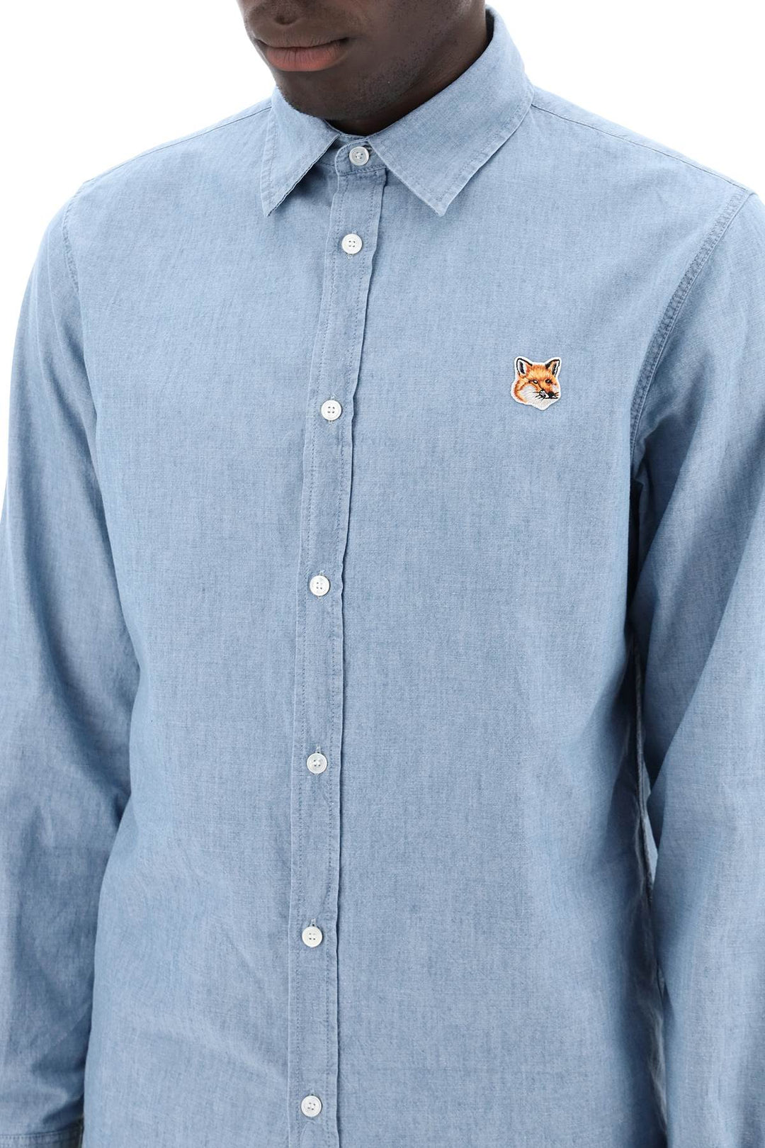 Maison Kitsune Fox Head Cotton Chambray Shirt   Blu