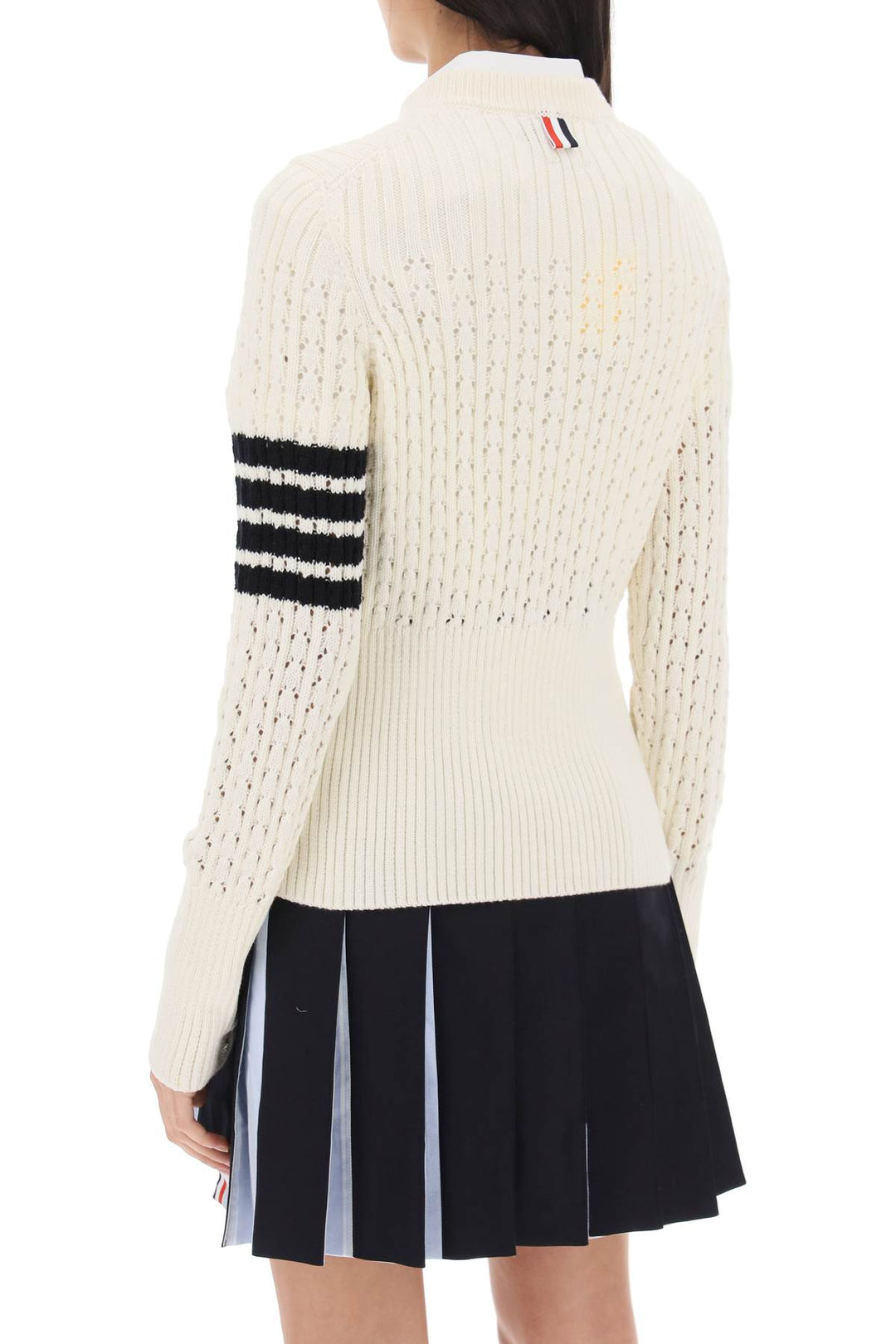 Thom Browne Pointelle Stitch Merino Wool 4 Bar Sweater   Bianco