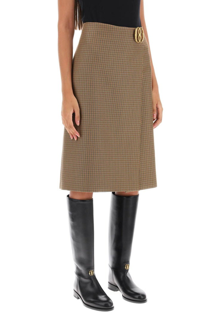 Bally Houndstooth A Line Skirt With Emblem Buckle   Beige