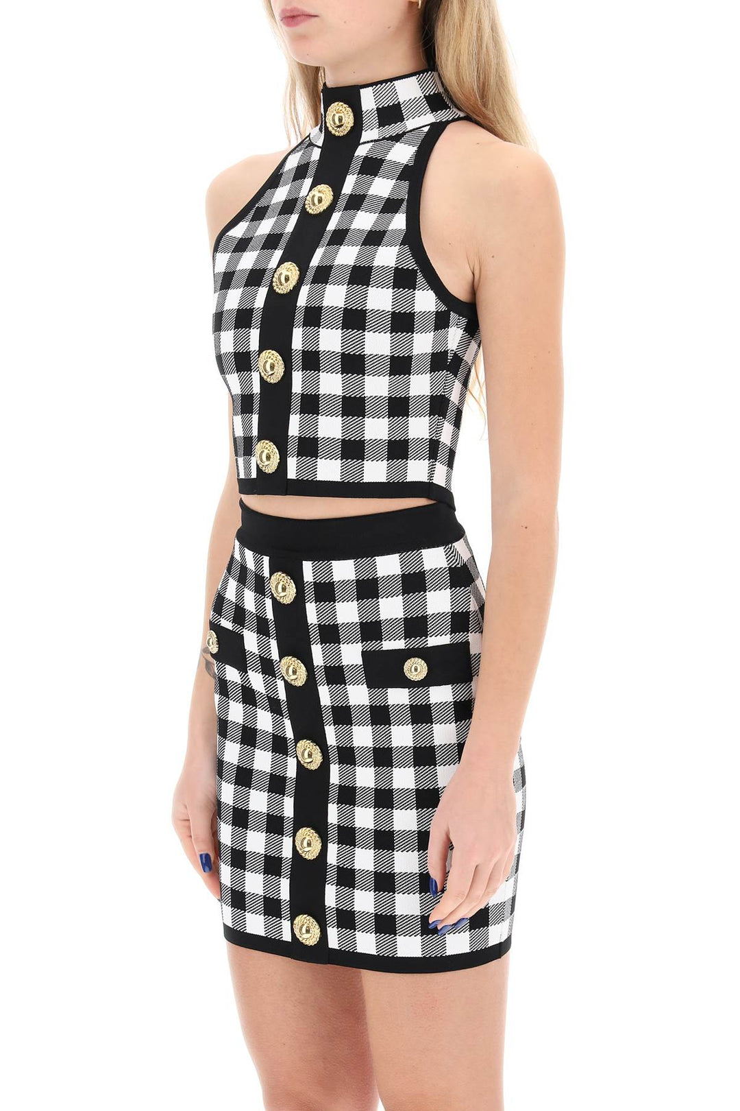 Balmain Gingham Knit Cropped Top With Embossed Buttons   White