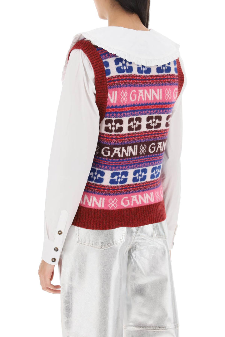 Ganni Jacquard Wool Vest With Logo Pattern   Multicolor