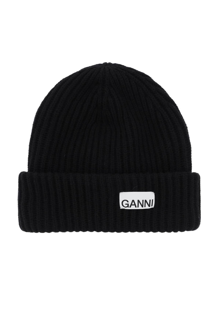 Ganni Beanie Hat With Logo Patch   Black