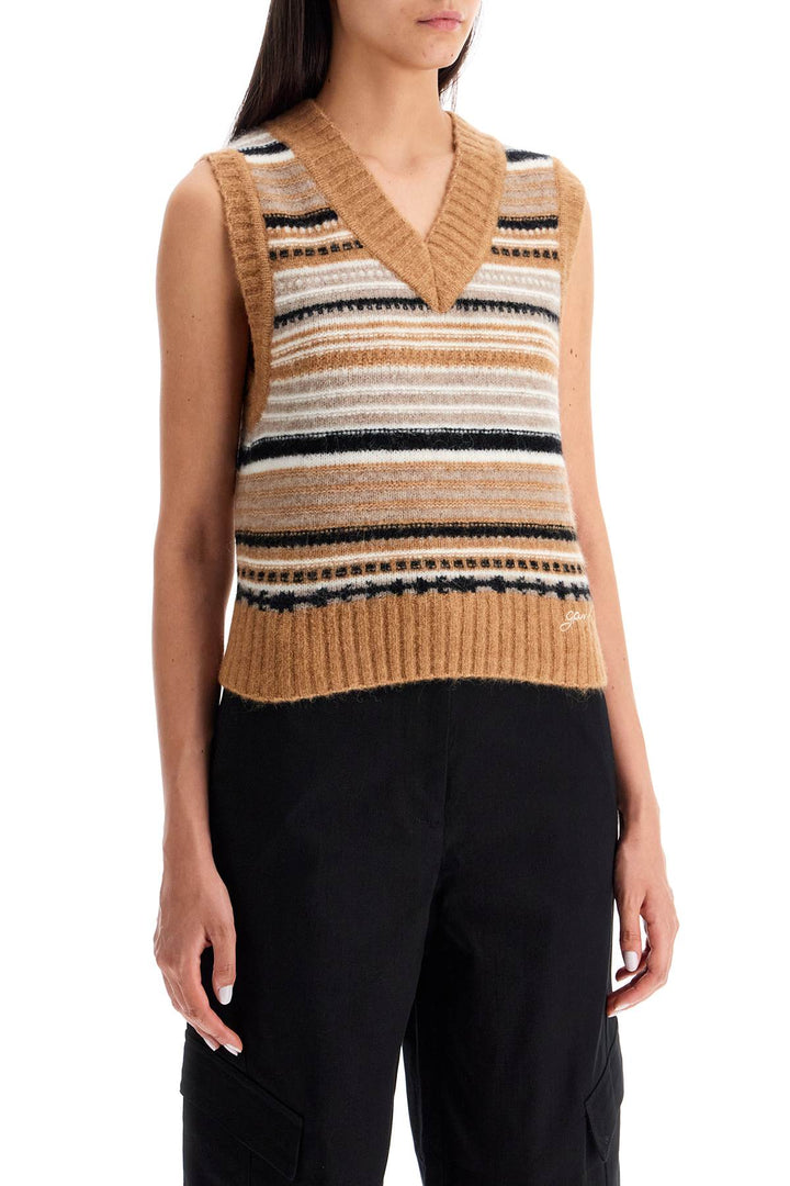 Ganni Soft Striped Knit Vest With A Comfortable   Beige