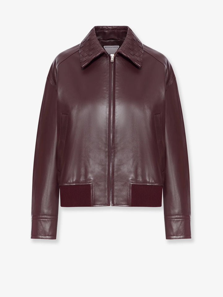 Leather jacket with Intrecciato motif collar