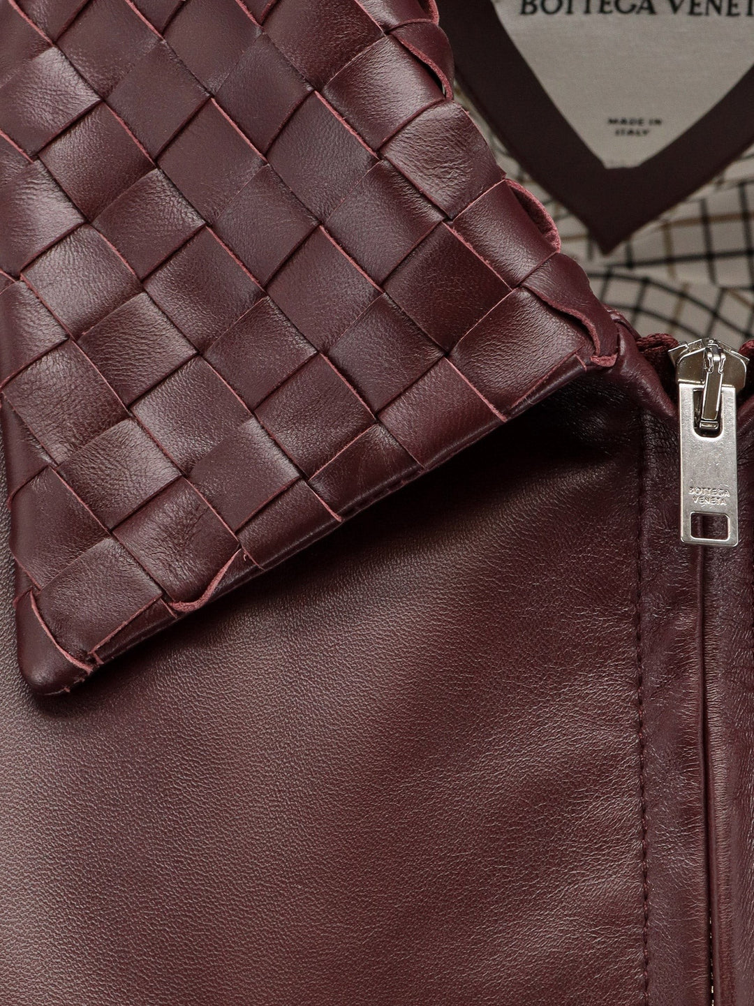 Leather jacket with Intrecciato motif collar