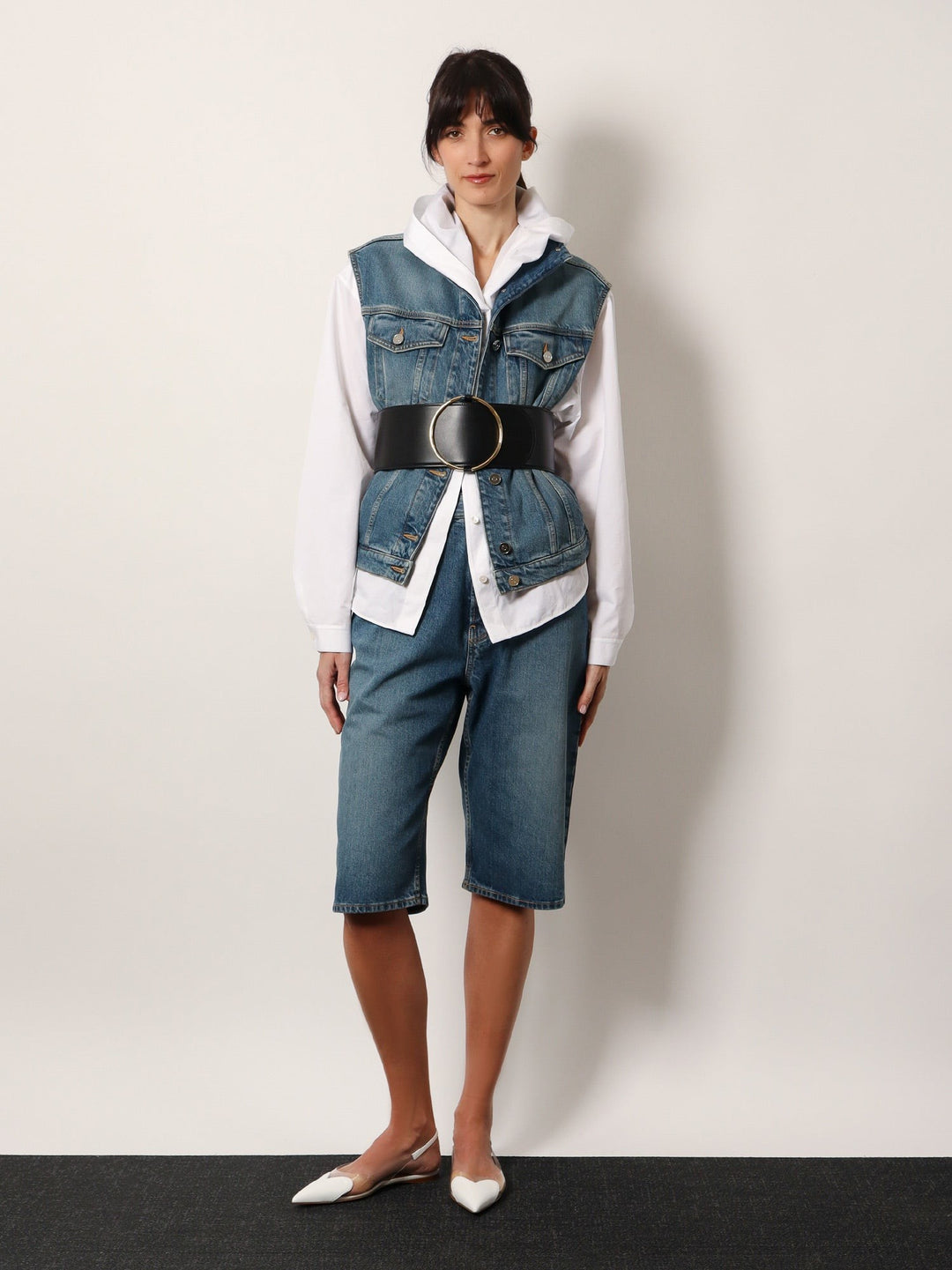 Stone washed denim sleeveless jacket