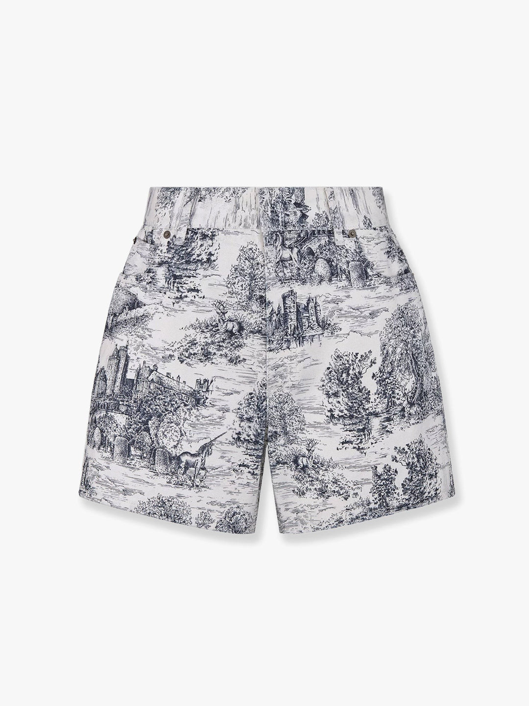 White cotton denim shorts with toile de jouy scotland blue motif