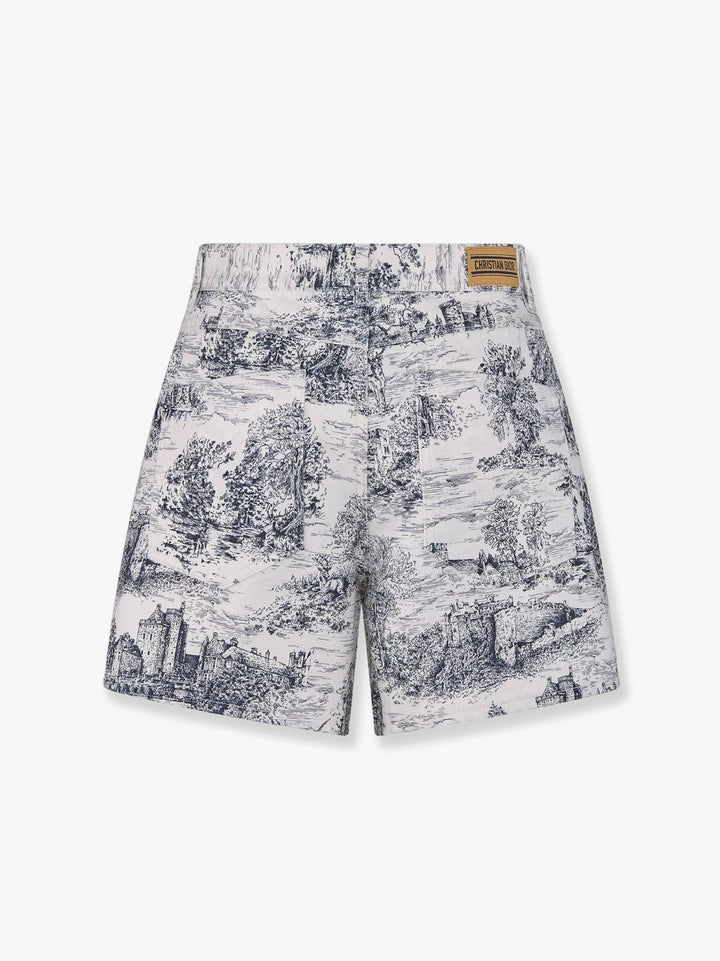White cotton denim shorts with toile de jouy scotland blue motif